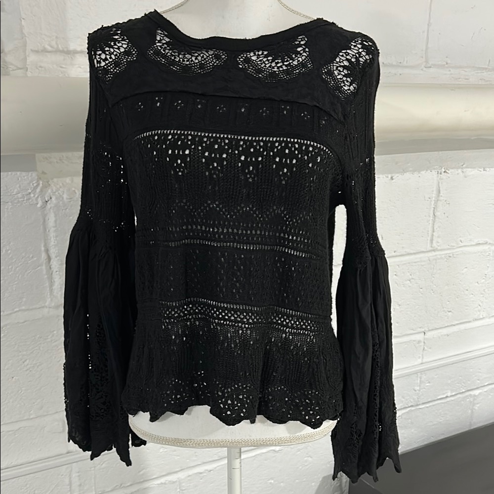 Free People Black Embellished Ruffled Blouse